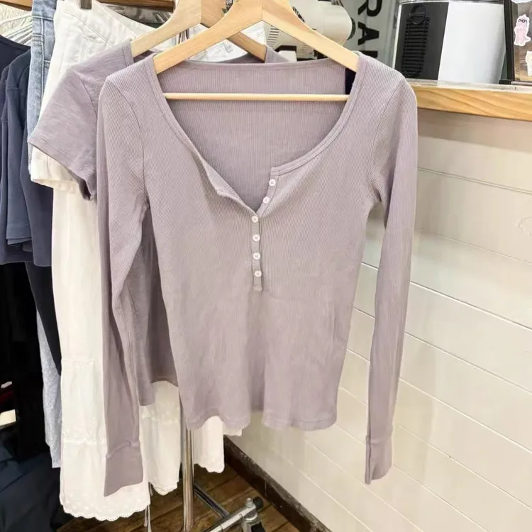 BM风 新款美式香芋紫六粒扣长袖T恤女百搭修身显瘦打底衫内搭上衣