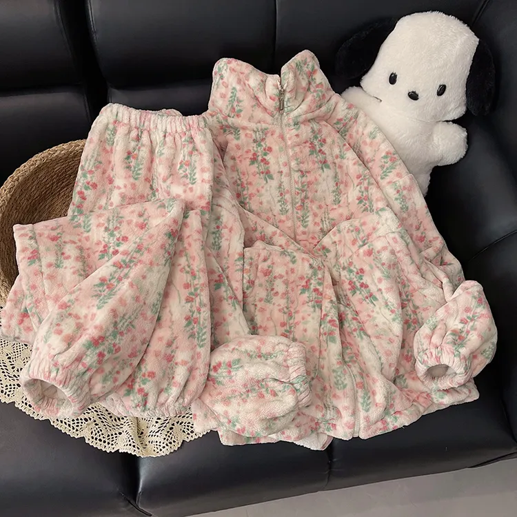 珊瑚绒睡衣女款冬季加绒加厚保暖秋冬款甜美花朵可外穿家居服套装