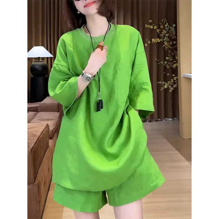 时尚两件套欧洲站2025夏季慵懒风百搭宽松中长款上衣高腰纯色短裤