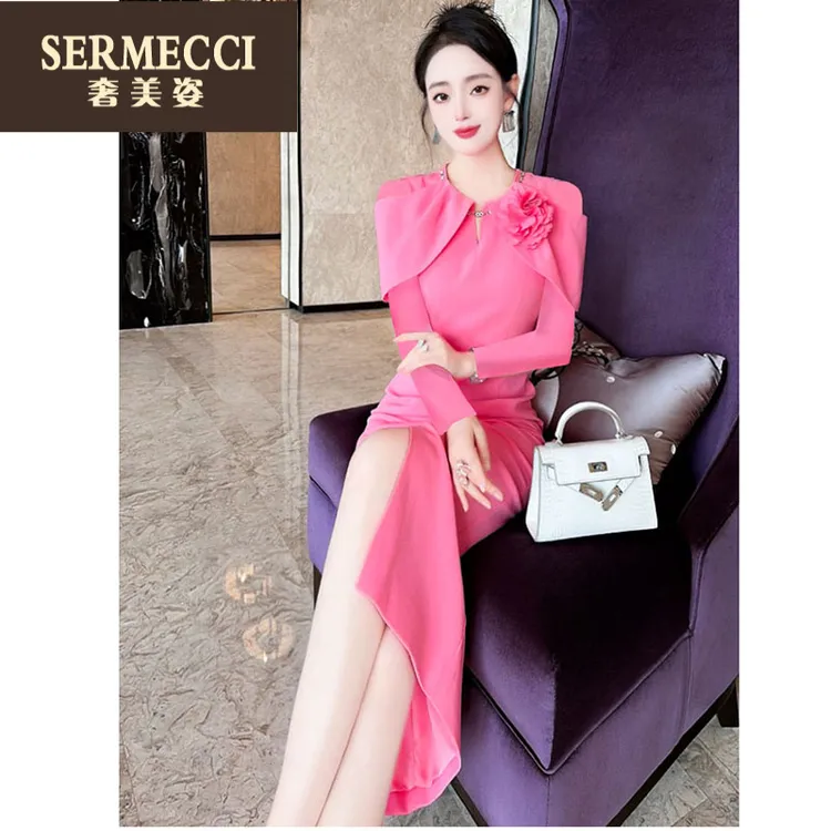 奢美姿上档次2025春秋粉色香风连衣裙花朵不规则下摆时尚长裙