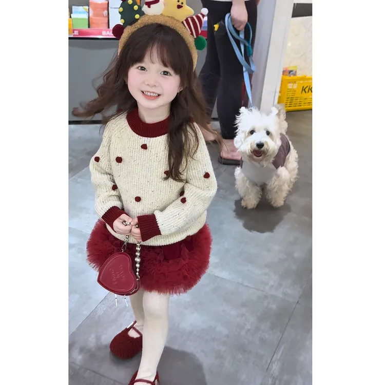 女童毛衣套装2025冬新款儿童洋气新年衣服宝宝红色公主纱裙超好看