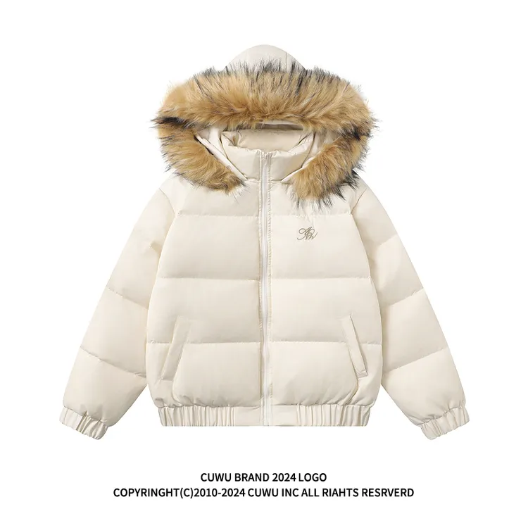 cuwu美式白鸭绒毛领连帽短款棉衣棉服女冬季复古宽松加厚派克服