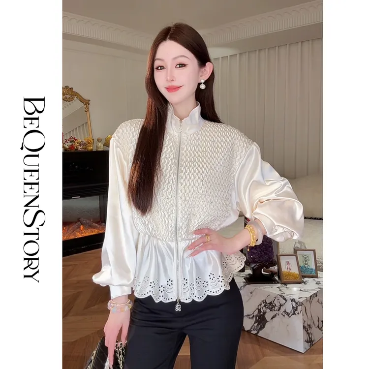 余潇潇【时光独白】时尚百搭松弛感绣花立领压褶外套精致显气质