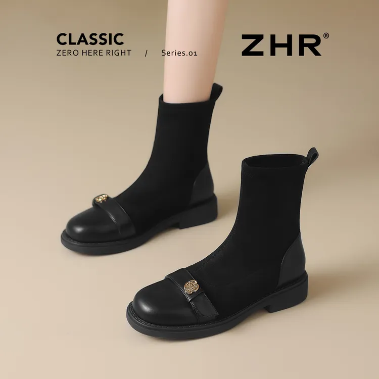ZHR/则则黑色瘦瘦靴女2025秋冬季乐福鞋英伦风弹力短靴配裙子袜靴