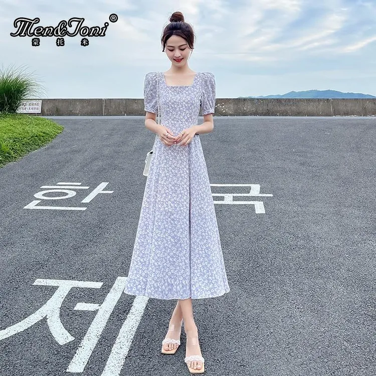 Men&Joni花连衣裙女夏新款法式温柔风气质显瘦雪纺字长裙过膝裙子