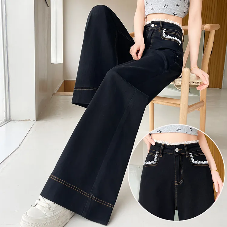 蜜蜜穿搭黑色蕾丝花边阔腿牛仔裤女2025年秋季小个子九分喇叭裤子