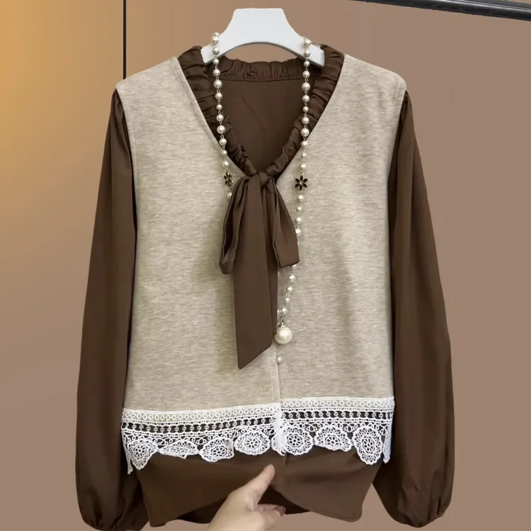 早秋季大码女装胖妹妹洋气显瘦宽松百搭短款时尚简约咖色两件套