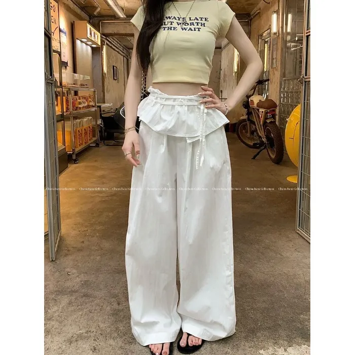荷叶边拼接白色休闲裤女夏季宽松阔腿裤显瘦高腰直筒裤子拖地长裤