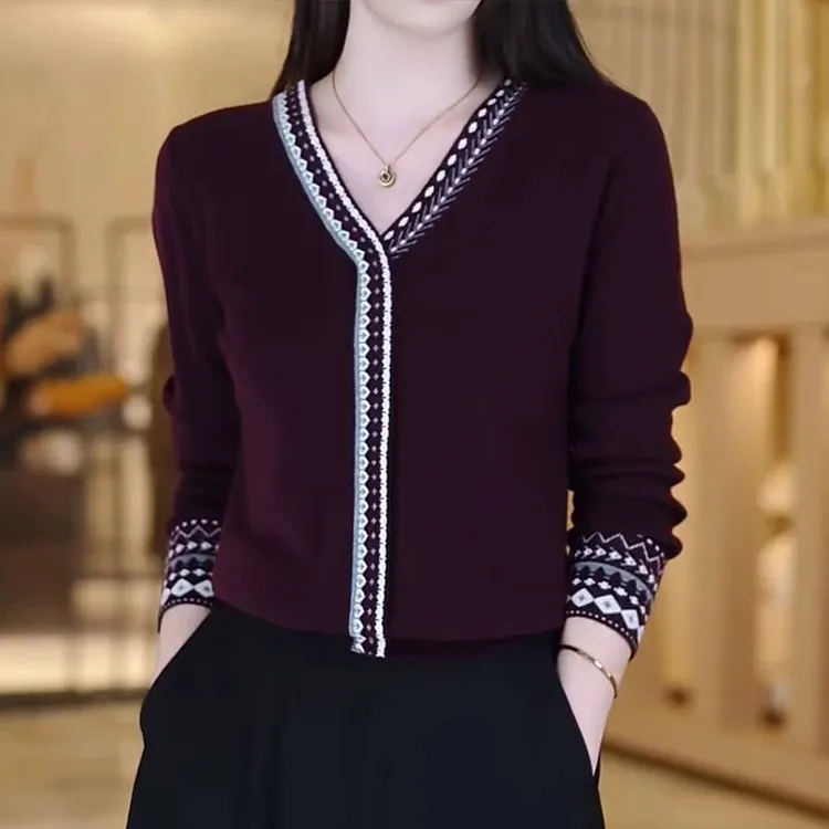 2025秋冬新款V领提花长袖套头针织衫女紫色百搭显瘦妈妈气质毛衣