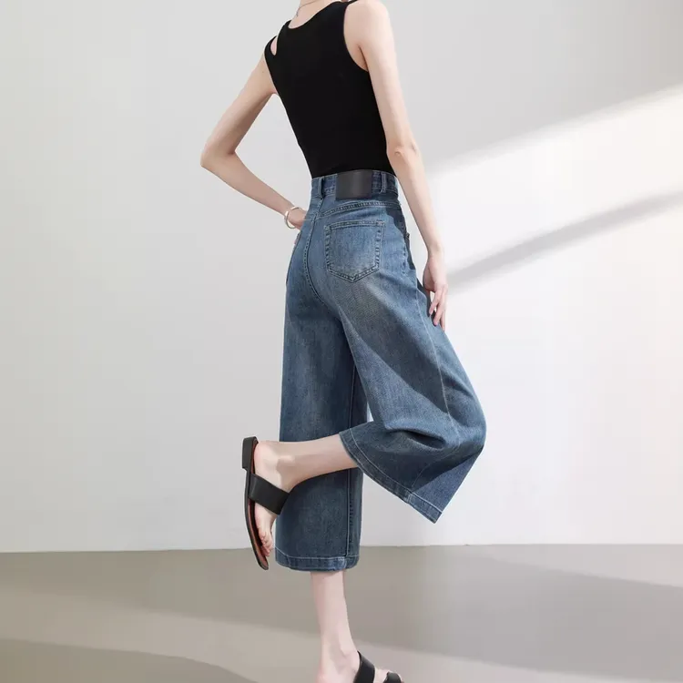阔腿复古蓝色牛仔裤女高腰宽松显瘦小个子夏季薄款七分直筒裤八分
