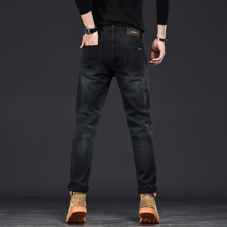 不掉色男士秋冬新款轻奢商务欧版修身弹力小直筒高端牛仔裤加绒裤