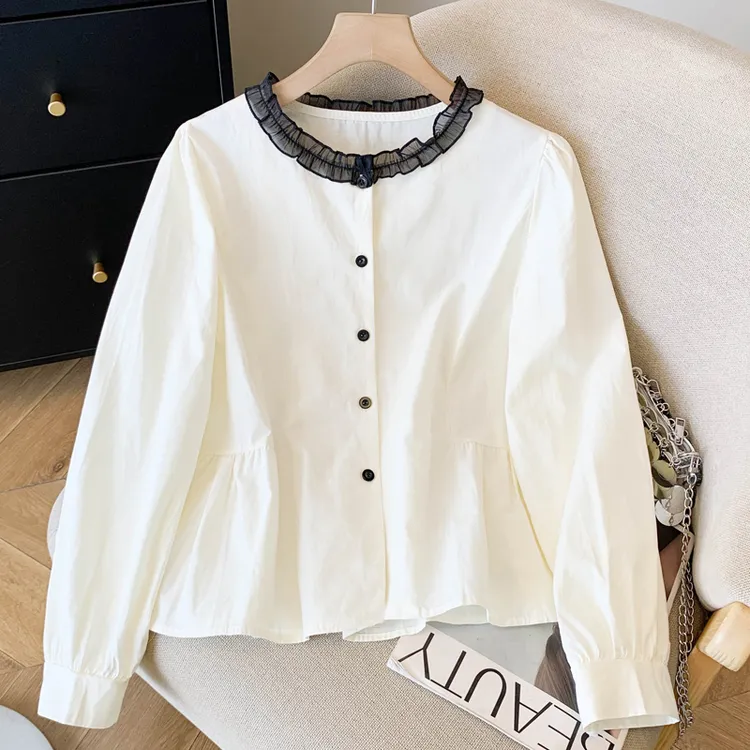 Q530法式气质木耳领长袖衬衫女新款洋气减龄娃娃小衫上衣显瘦衬衣