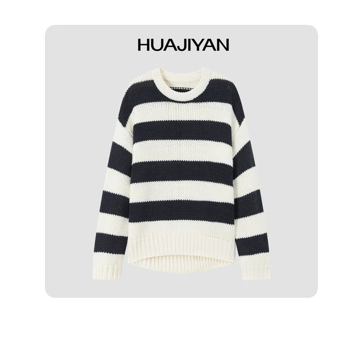 华吉言/HUAJIYAN【蓝带】膨体羊毛蓝白宽条纹毛衣外套