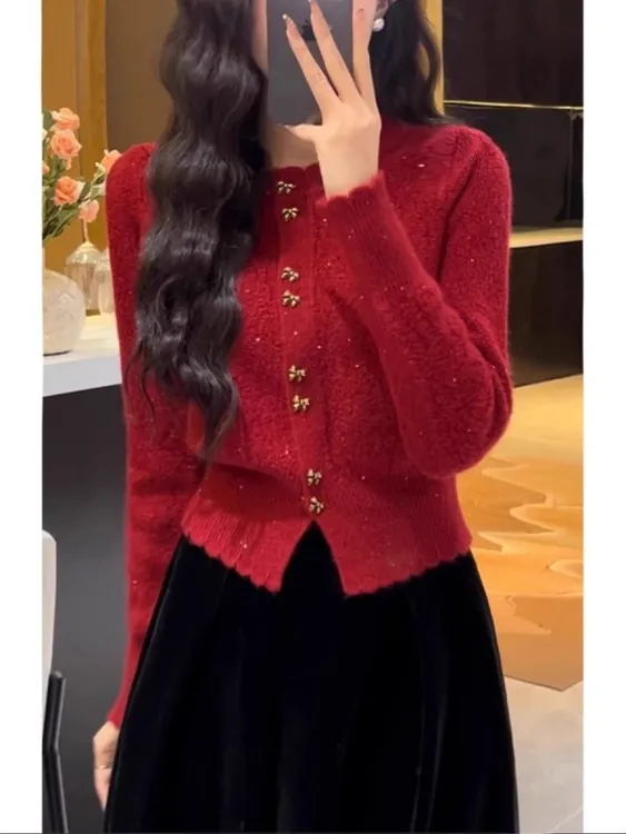 上衣开衫毛衣针织短款红色气质时尚秋季显瘦洋气圣诞礼物送女朋友