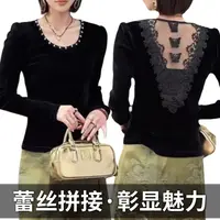 2025年新款女装拼接蕾丝时尚百搭显瘦V领长袖丝绒衫
