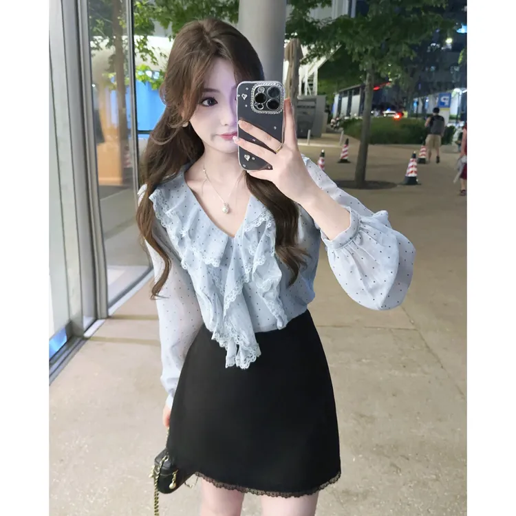 MuMu温柔法式小波点蓝色上衣+黑色半身裙WP10126+WP9559