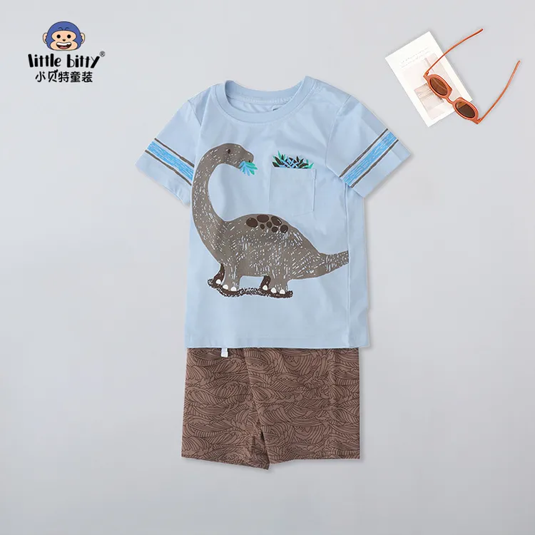 夏季必备新款纯棉圆领男童可爱套装i印花潮短袖T恤短裤时尚两件套