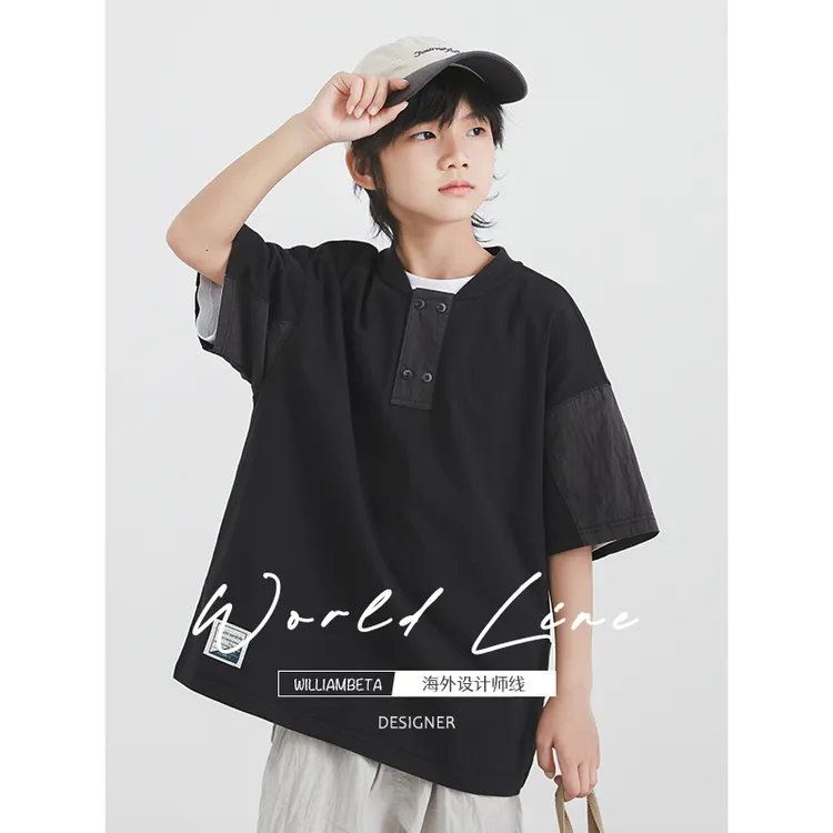 williambeta海外设计师线25夏新款纯棉针梭拼亨利领儿童短袖T恤