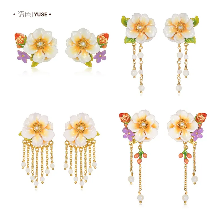 语色-【芳菲未央】系列茉莉花漾流苏珐琅彩耳钉
