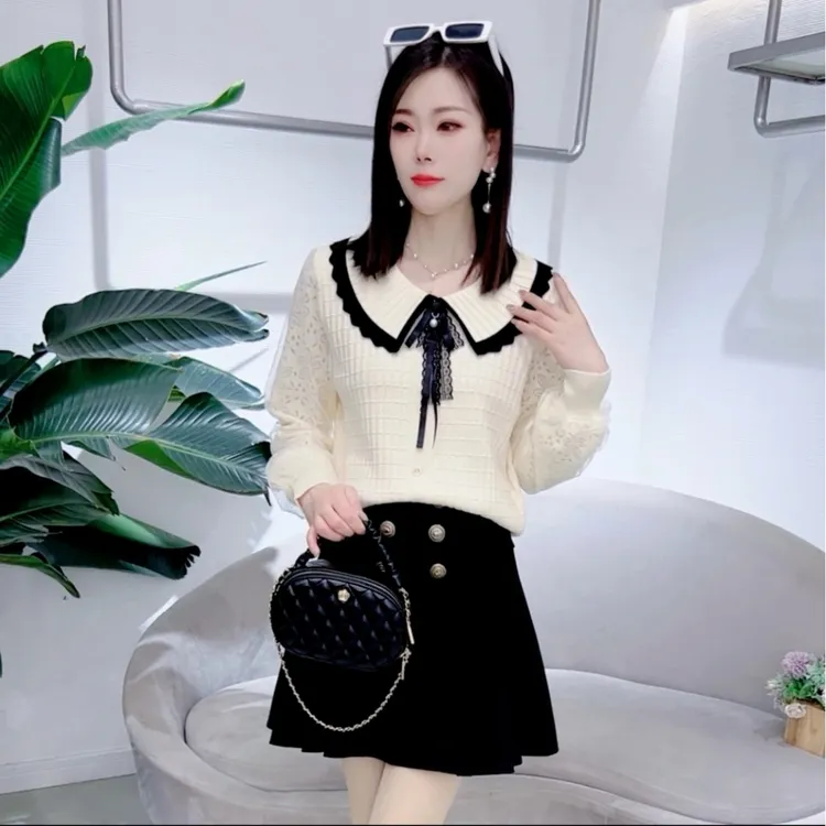 蝴蝶结长袖毛针织衫女士秋冬季新款宽松显瘦小衫蕾丝拼接甜美上衣