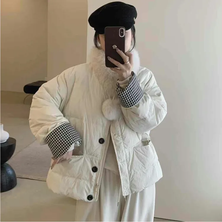 时尚格纹圆领保暖休闲百搭棉服女外套高级感小个子短款棉袄棉衣