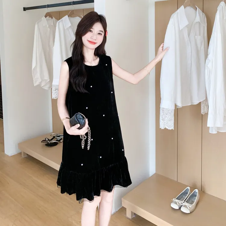 黑色丝绒钉珠背心裙女2025夏季新款高级感名媛气质网纱拼接连衣裙