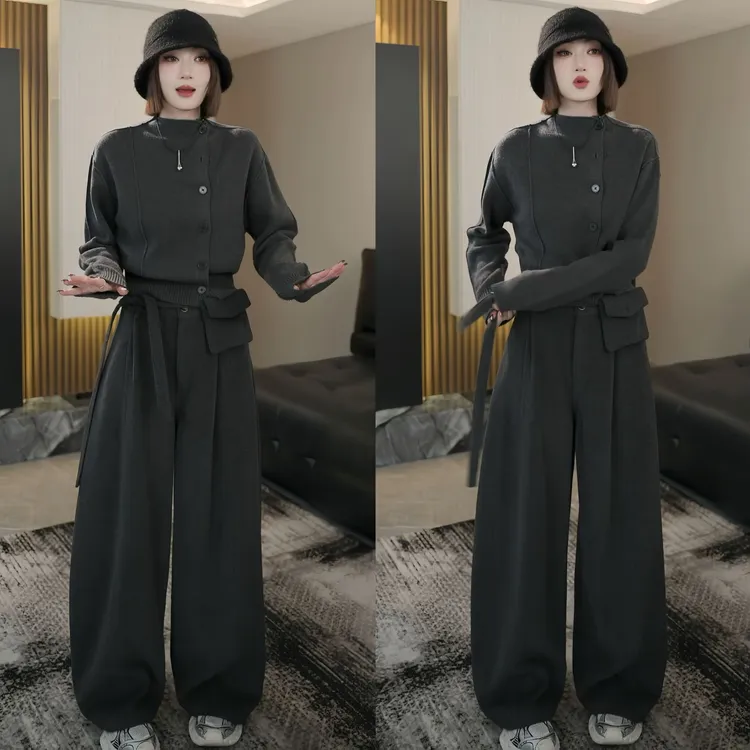 2025秋季新款高级感轻熟风洋气不规则开衫毛衣高腰显瘦阔腿裤套装