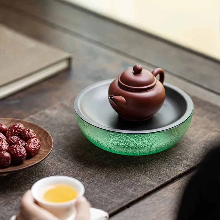 锤纹玻璃壶承耐热高硼硅干泡圆形茶托台储水茶盘养壶托盘茶台小号