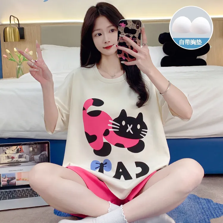 日系可爱睡衣女网红爆款2025新款卡通薄款家居服女带胸垫可外穿
