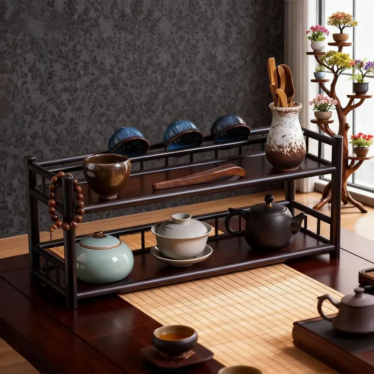 紫檀色双层博古架桌面茶杯架小型茶具置物架茶壶架紫砂壶摆放架