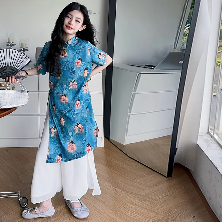 女童新中式旗袍连衣裙叠穿阔腿裙裤两件套夏季气质古风汉服裙套装