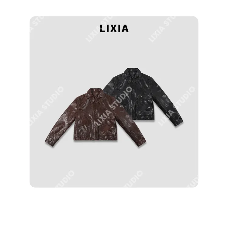 LIXIA【潮流序章】轻奢街头设计感酷飒风油蜡绵羊皮翻领皮衣-D8758