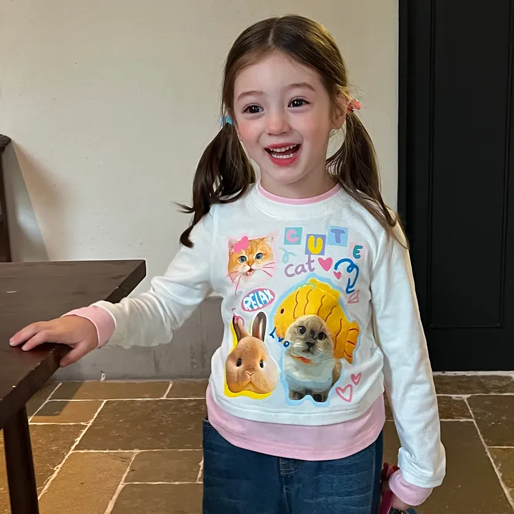 栀了成长记童装女童假两件印花T恤裤子宝宝秋季新款百搭时髦上衣