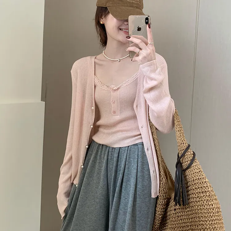 花边吊带两件套上衣2025春季新款甜美气质简约风针织衫套装C2-87