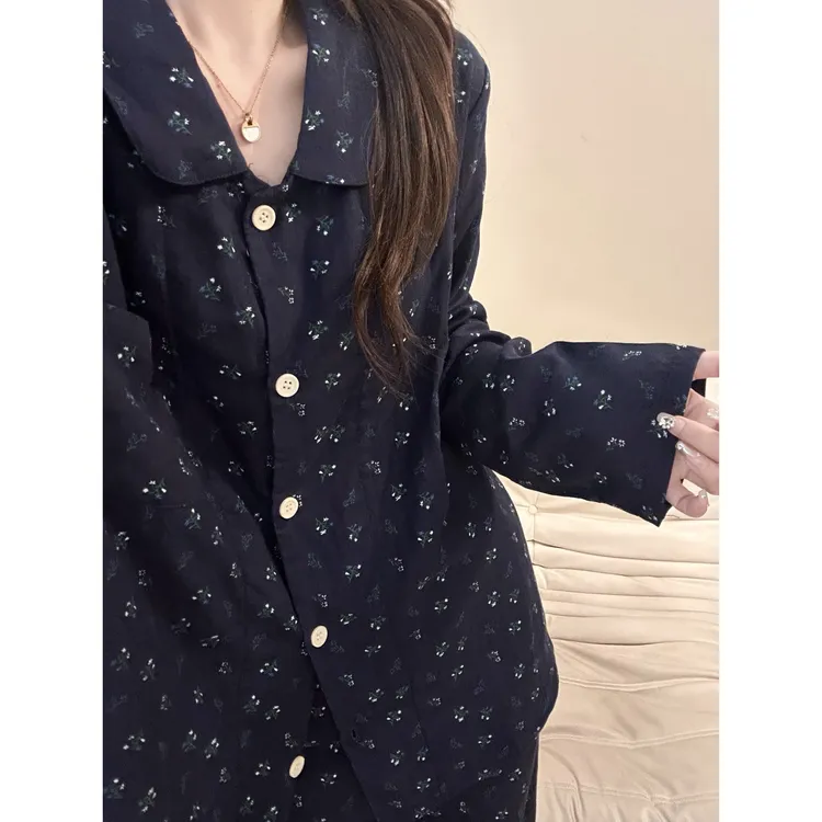 韩系甜美碎花翻领睡衣女2025春秋新款大码休闲长袖长裤家居服套装