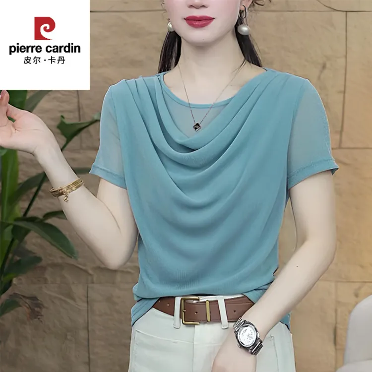 皮尔卡丹2025新款夏季时尚气质洋气堆堆领恤中年女短袖百搭小衫上