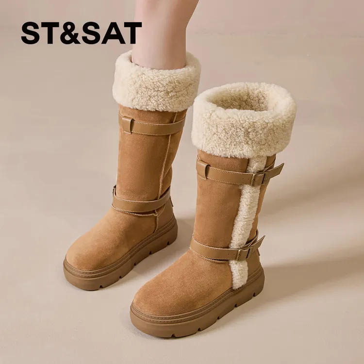 星期六雪地靴女士2025新款冬季时尚高筒棉鞋女靴加厚棕色骑士靴女