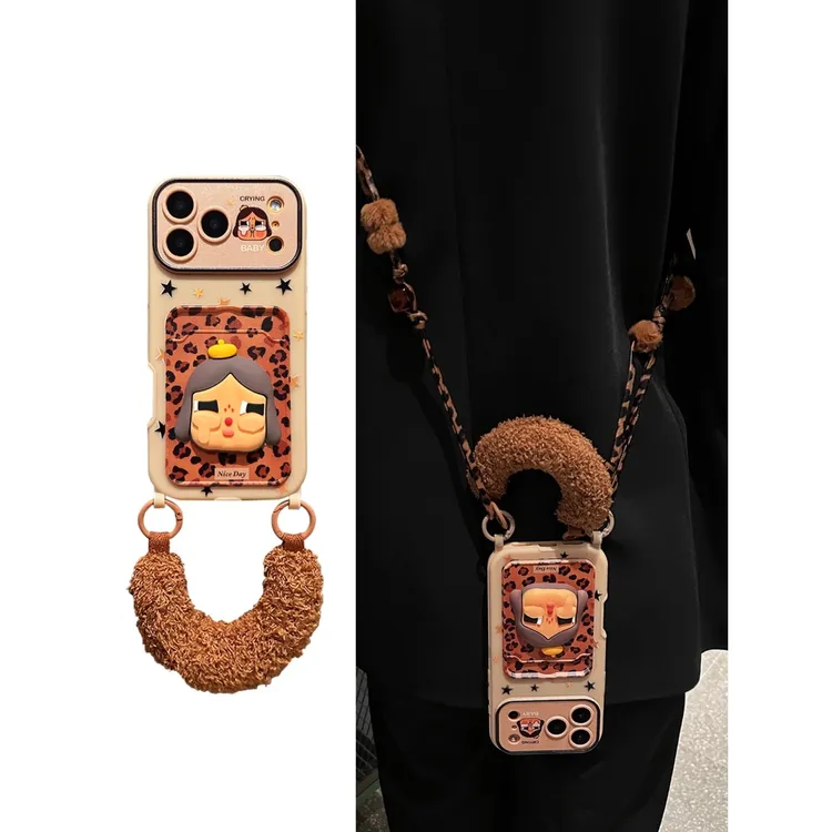 秋冬豹纹哭娃卡包适用苹果17promax手机壳新款16女iphone15斜挎14