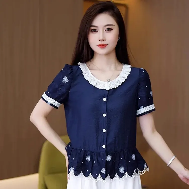 2025新款夏季刺绣镂空感亲肤透气减龄通勤气质时尚洋气小衫