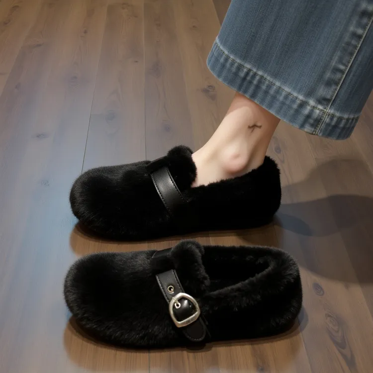 黑色水貂绒毛毛鞋女秋冬外穿2025新款一脚蹬豆豆鞋孕妇小香风棉鞋