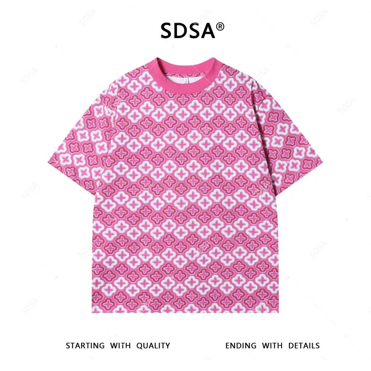 SDSA夏季新款男士痞帅撞色四叶草图案短袖T恤时尚圆领百搭上衣潮