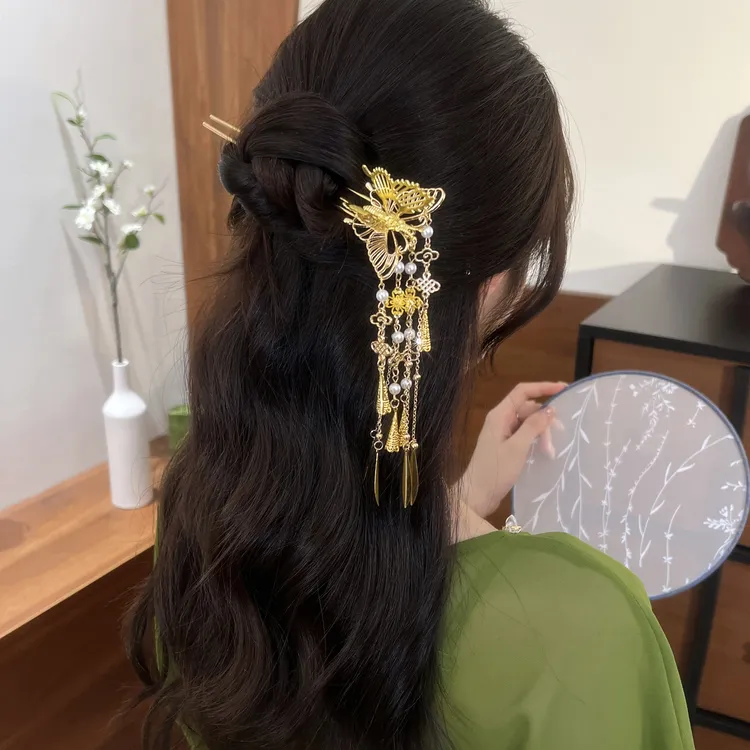 古风金色蝴蝶流苏U型发簪新中式汉服后脑勺盘发步摇发钗