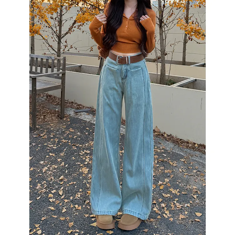 浅蓝色宽腰带阔腿牛仔裤女2025秋季新款高腰宽松显瘦显高拖地长裤