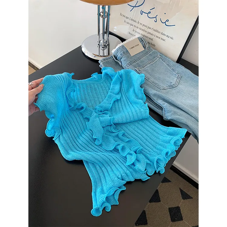 韩版时尚蓝色木耳边针织短袖T恤女夏季网红洋气炸街短款修身上衣