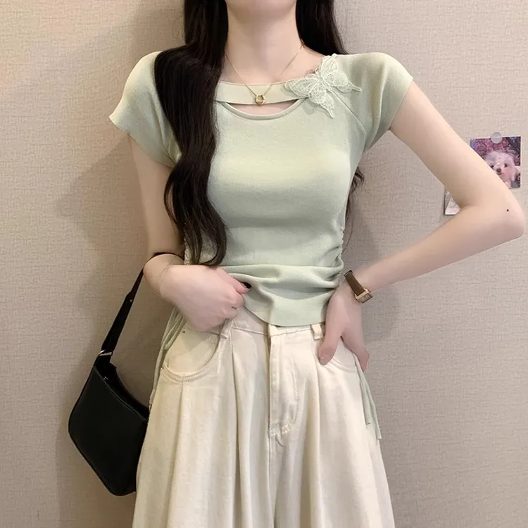 薄荷绿镂空蝴蝶结短袖上衣女夏日多巴胺掐腰独特漂亮明媚短款T恤