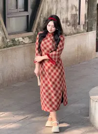 码加加52059胖MM2025新款女装复古改良长袖格子气质旗袍连衣裙