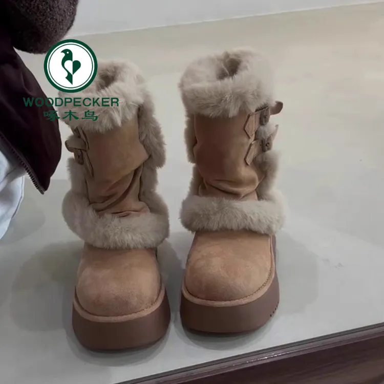 啄木鸟厚底毛毛雪地靴2025冬季加绒加厚保暖时尚短靴百搭东北棉鞋