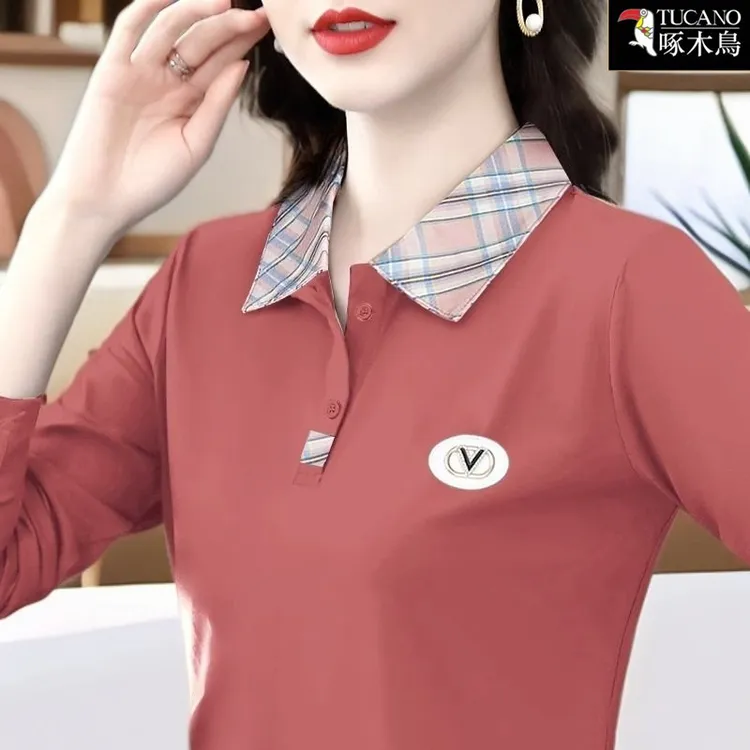 啄木鸟长袖纽扣休闲风POLO衫女士洋气翻领上衣T恤2025年秋季新款