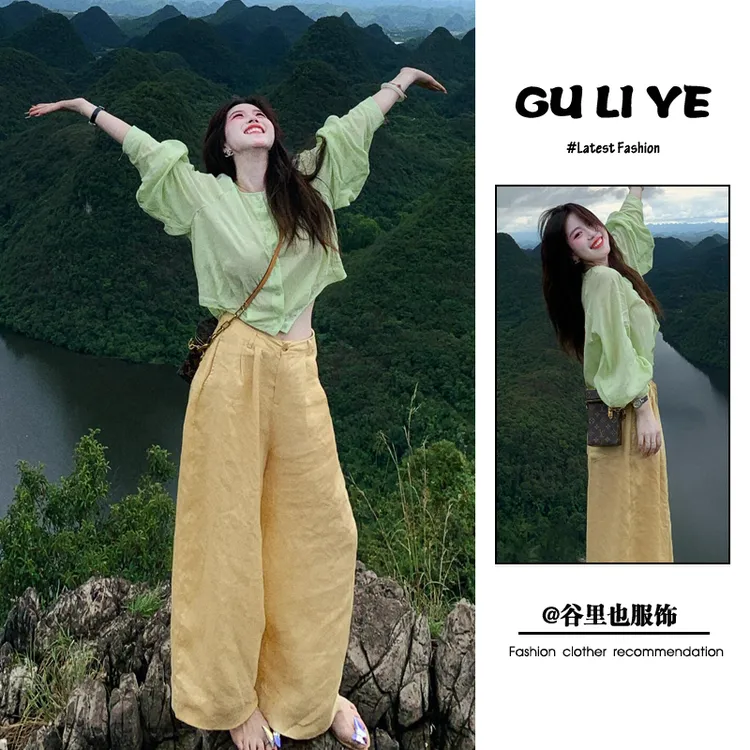 早秋新款2025流行穿搭一整套韩系时尚慵懒风防晒衬衫阔腿裤两件套