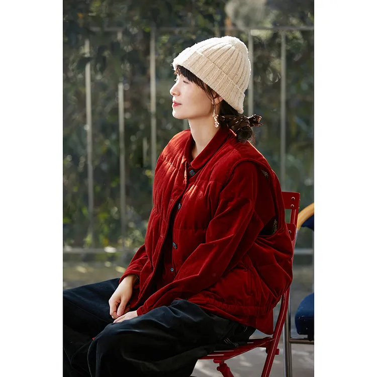 冬季新款文艺复古女休闲丝绒红平绒棉宽松保暖羽绒女马甲24240